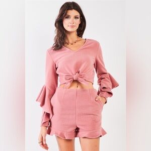 Blush Fuzzy Long Ruffle Sleeve Crop Top & High-Waist Shorts Two Piece Set M